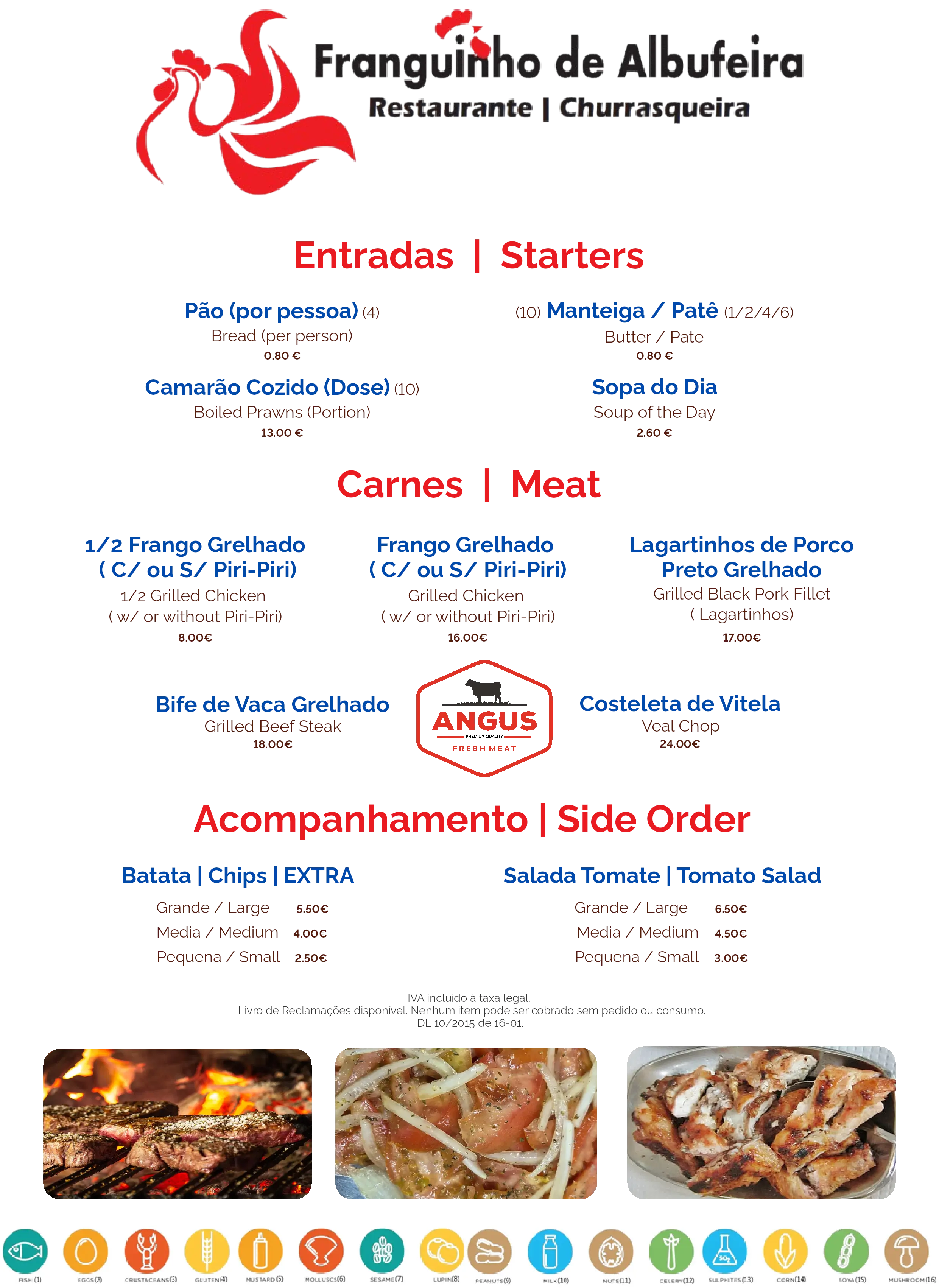 Menu featuring traditional Portugal starters, grilled meats like black pork and chicken, and fresh side dishes